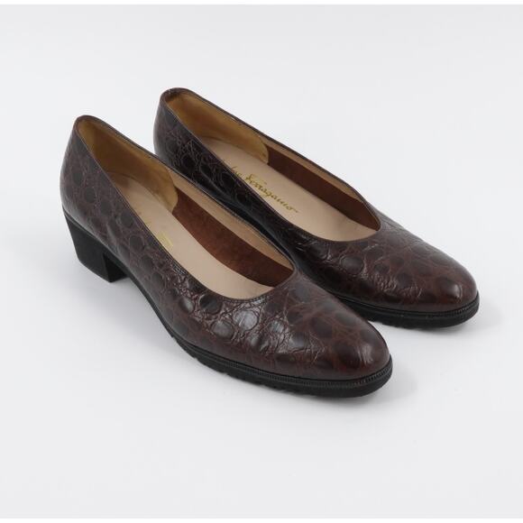 Salvatore Ferragamo Pumps 7.5 Low Heel Narrow Croc Embossed Work Comfort Shoes - Picture 3 of 16